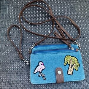 Vintage 1990s Handmade Blue denim tropical theme hobo wristlet/bag purse